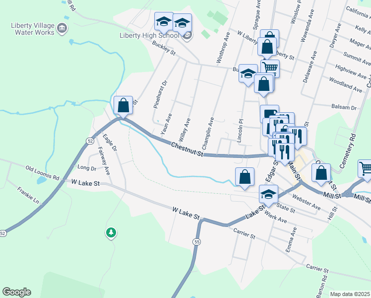 map of restaurants, bars, coffee shops, grocery stores, and more near 156 Chestnut Street in Liberty