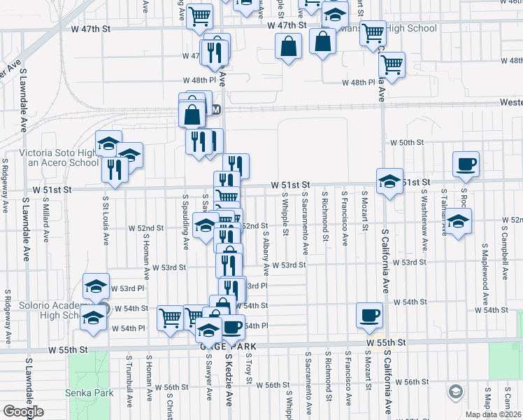 map of restaurants, bars, coffee shops, grocery stores, and more near 5134 South Albany Avenue in Chicago