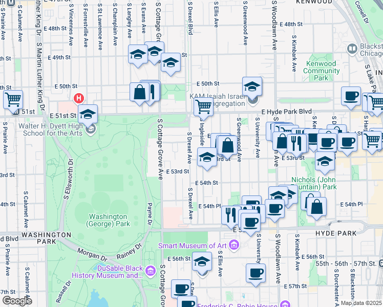 map of restaurants, bars, coffee shops, grocery stores, and more near 5229 South Drexel Avenue in Chicago