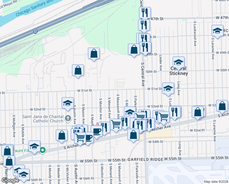 map of restaurants, bars, coffee shops, grocery stores, and more near 5750 West 51st Street in Bedford Park