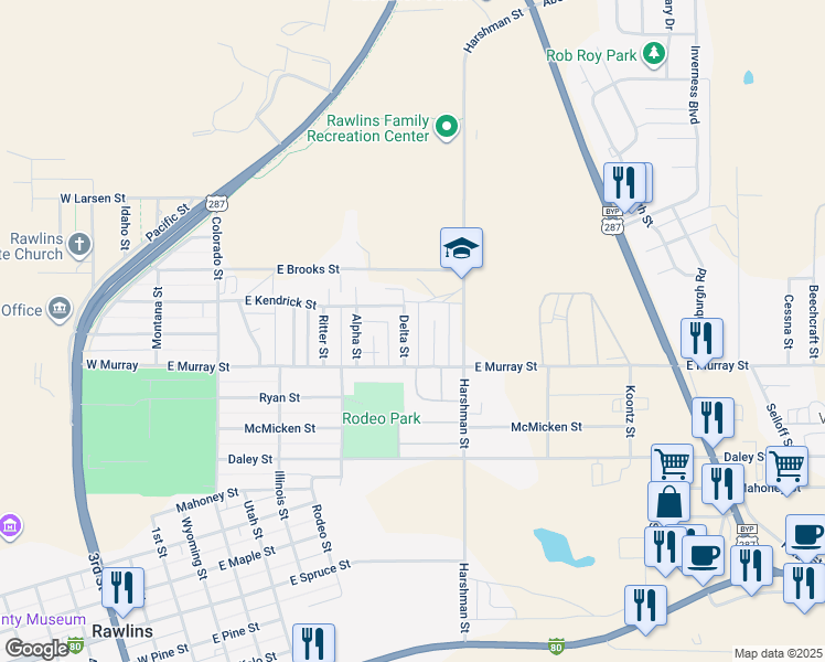 map of restaurants, bars, coffee shops, grocery stores, and more near 1317 Delta Street in Rawlins