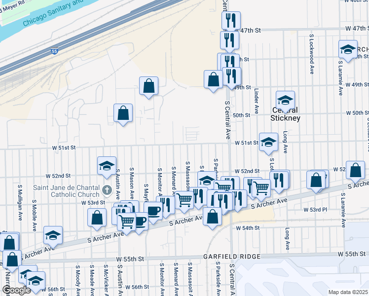 map of restaurants, bars, coffee shops, grocery stores, and more near 5750 West 51st Street in Bedford Park
