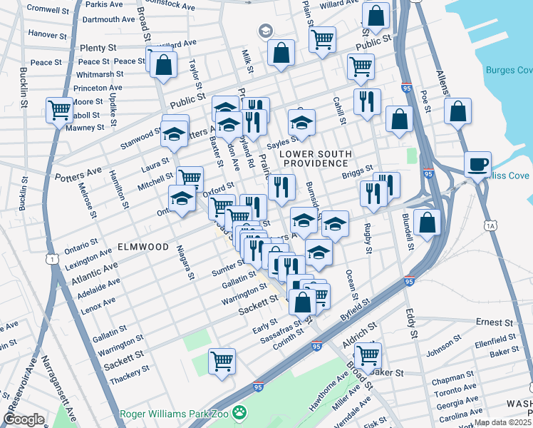map of restaurants, bars, coffee shops, grocery stores, and more near 144 Gallup Street in Providence