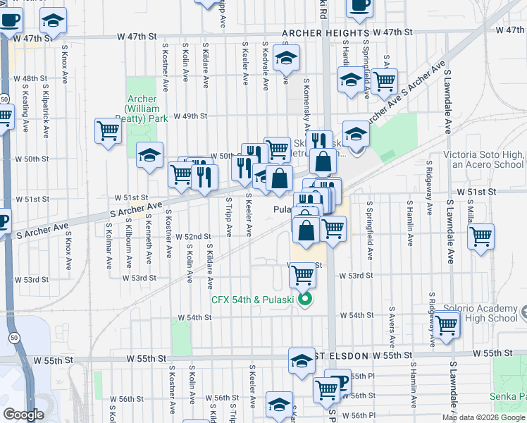 map of restaurants, bars, coffee shops, grocery stores, and more near 5075 South Archer Avenue in Chicago