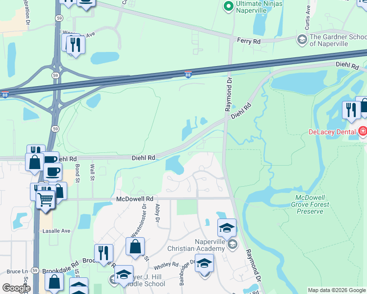 map of restaurants, bars, coffee shops, grocery stores, and more near 1420 West Diehl Road in Naperville