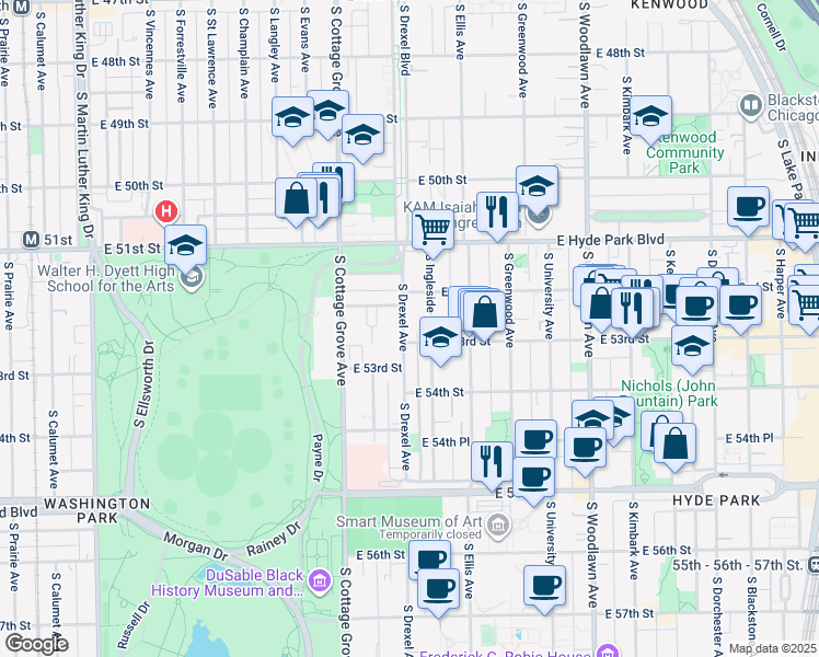 map of restaurants, bars, coffee shops, grocery stores, and more near 5235 South Drexel Avenue in Chicago