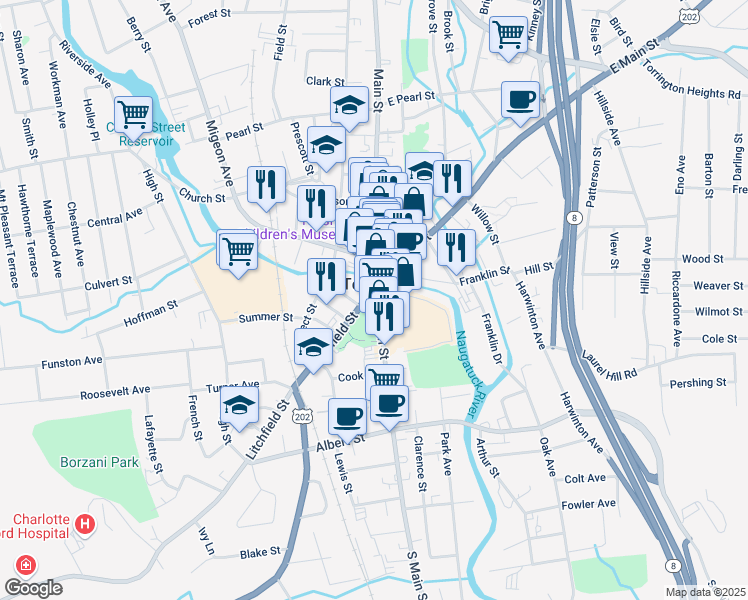 map of restaurants, bars, coffee shops, grocery stores, and more near 15 South Main Street in Torrington