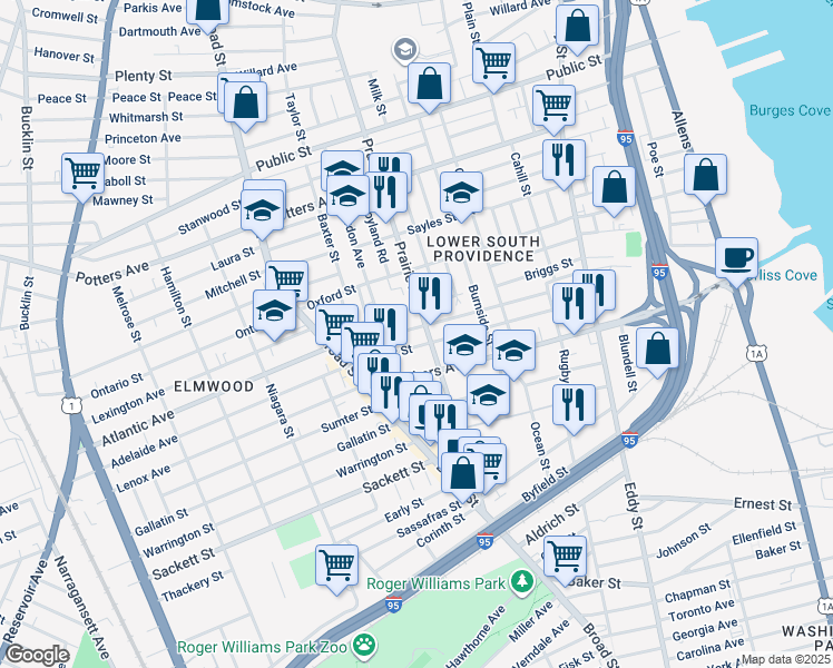 map of restaurants, bars, coffee shops, grocery stores, and more near 491 Prairie Avenue in Providence