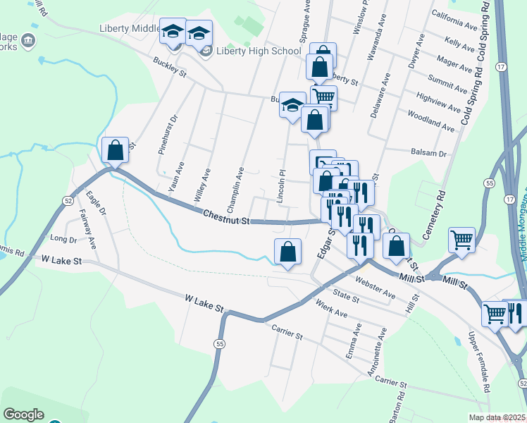 map of restaurants, bars, coffee shops, grocery stores, and more near 1 Wheeler Place in Liberty