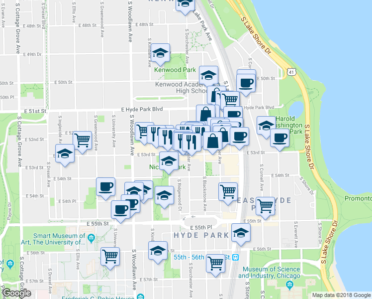 map of restaurants, bars, coffee shops, grocery stores, and more near 5218 South Dorchester Avenue in Chicago
