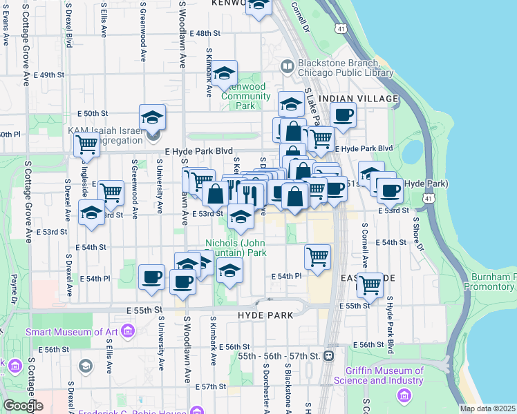 map of restaurants, bars, coffee shops, grocery stores, and more near 5218 South Dorchester Avenue in Chicago
