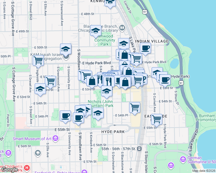 map of restaurants, bars, coffee shops, grocery stores, and more near 5218 South Dorchester Avenue in Chicago