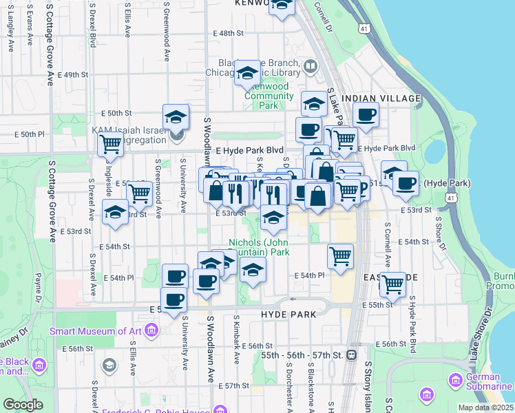 map of restaurants, bars, coffee shops, grocery stores, and more near 5210 South Kenwood Avenue in Chicago