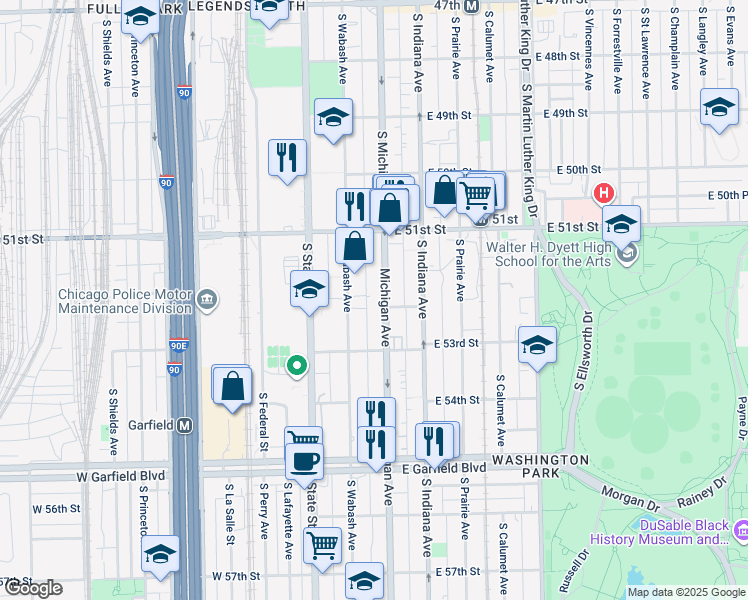 map of restaurants, bars, coffee shops, grocery stores, and more near 5147 South Michigan Avenue in Chicago