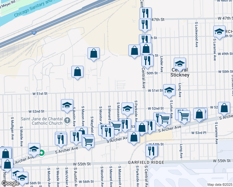map of restaurants, bars, coffee shops, grocery stores, and more near 5750 West 51st Street in Bedford Park