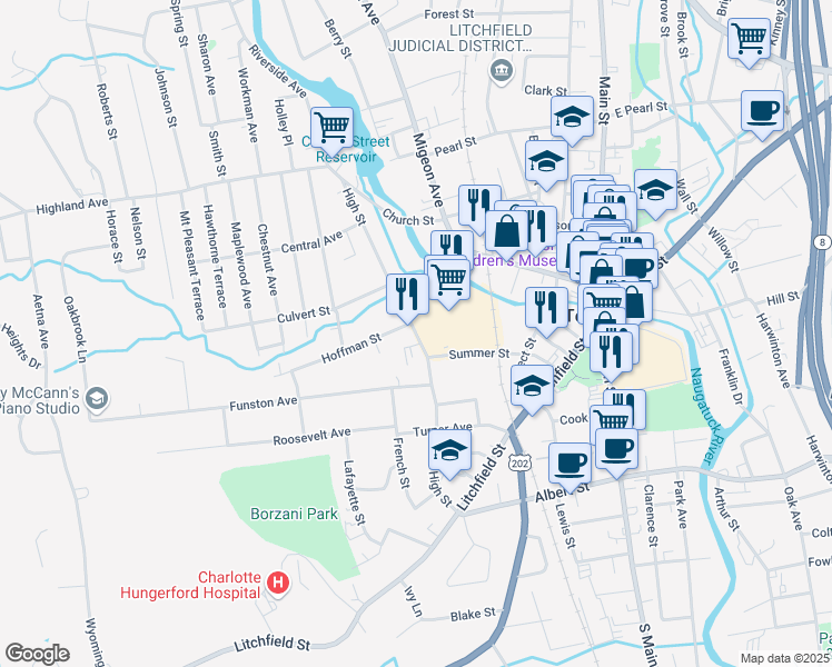 map of restaurants, bars, coffee shops, grocery stores, and more near 251 High Street in Torrington