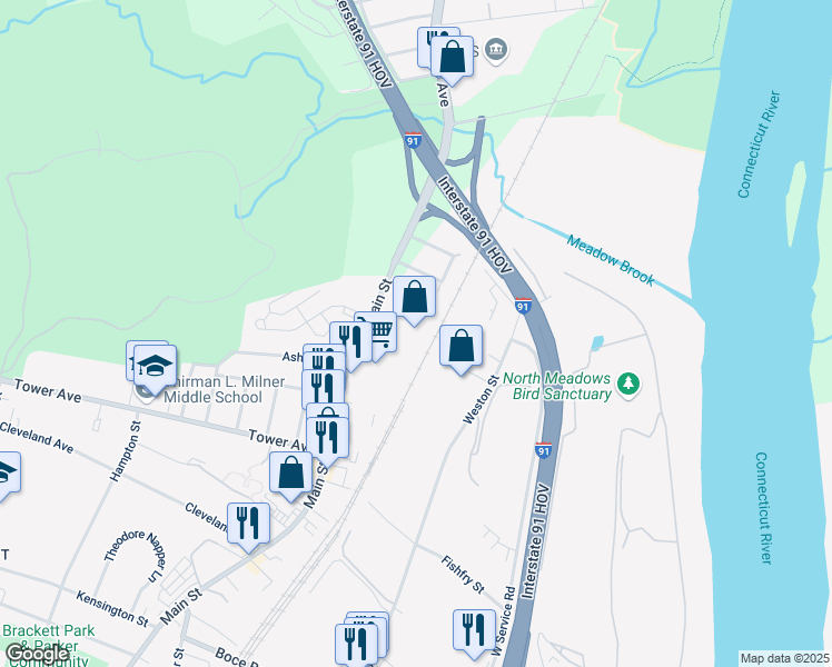map of restaurants, bars, coffee shops, grocery stores, and more near 3580 Main Street in Hartford