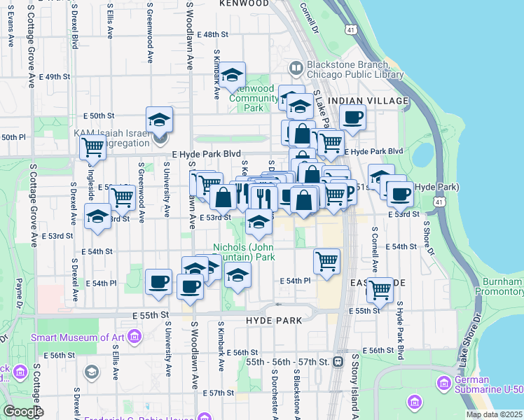 map of restaurants, bars, coffee shops, grocery stores, and more near 5245 South Kenwood Avenue in Chicago