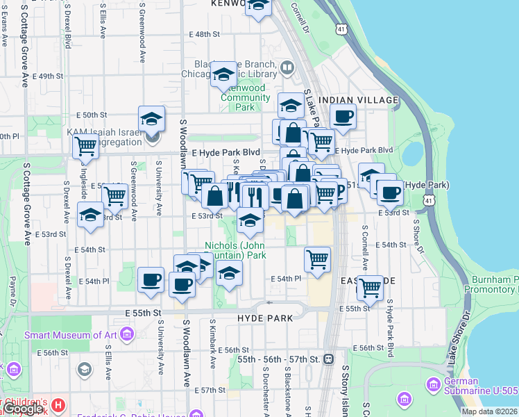 map of restaurants, bars, coffee shops, grocery stores, and more near 5254 South Dorchester Avenue in Chicago