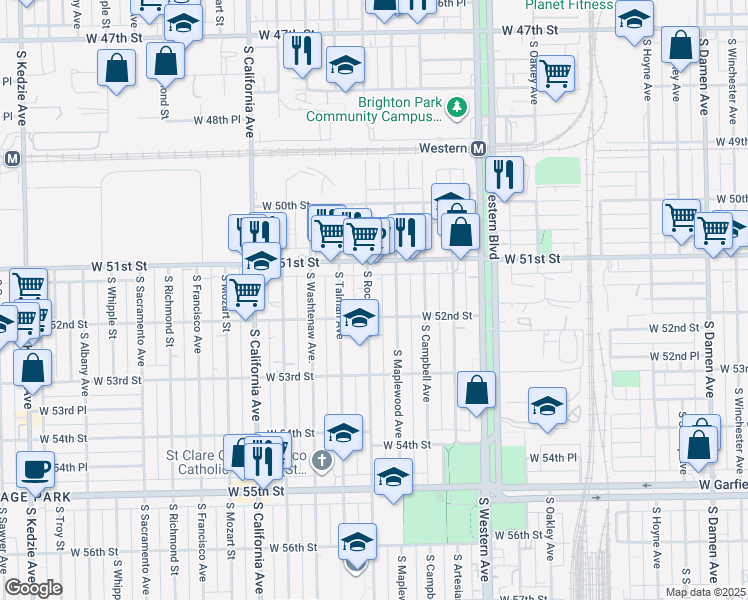 map of restaurants, bars, coffee shops, grocery stores, and more near 2547 West 51st Street in Chicago