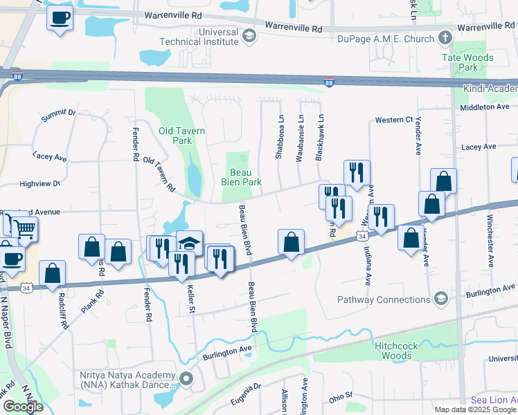 map of restaurants, bars, coffee shops, grocery stores, and more near 2526 Old Tavern Road in Lisle