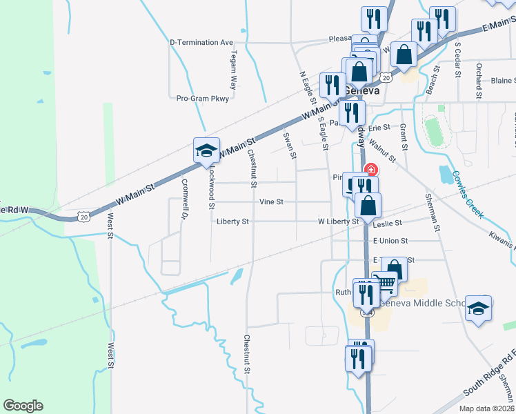 map of restaurants, bars, coffee shops, grocery stores, and more near 321 Vine Street in Geneva