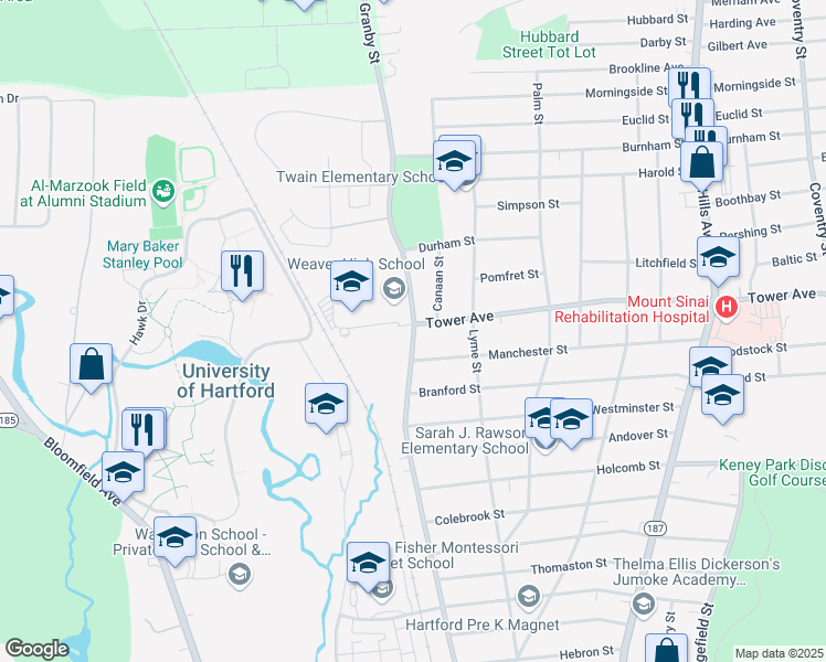 map of restaurants, bars, coffee shops, grocery stores, and more near 415 Granby Street in Hartford