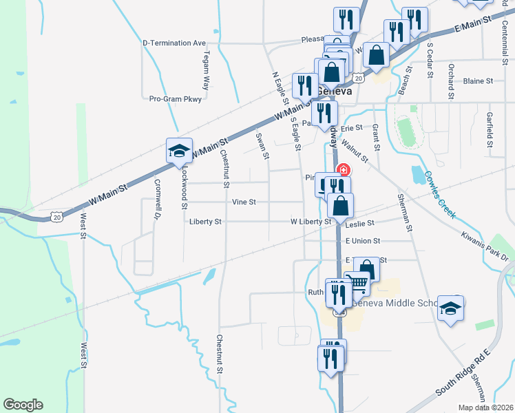 map of restaurants, bars, coffee shops, grocery stores, and more near 216 Swan Street in Geneva