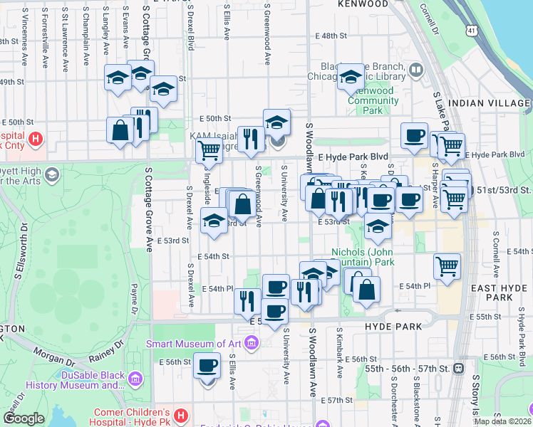 map of restaurants, bars, coffee shops, grocery stores, and more near 5233 South Greenwood Avenue in Chicago