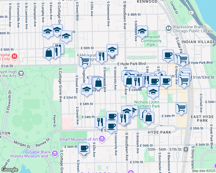 map of restaurants, bars, coffee shops, grocery stores, and more near 5233 South Greenwood Avenue in Chicago