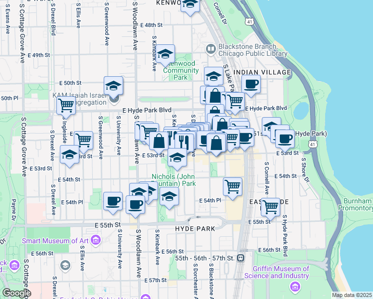 map of restaurants, bars, coffee shops, grocery stores, and more near 5237-5245 South Kenwood Avenue in Chicago