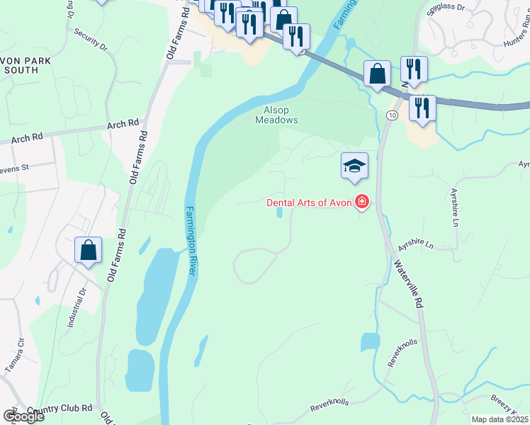 map of restaurants, bars, coffee shops, grocery stores, and more near 65 Avonwood Road in Avon