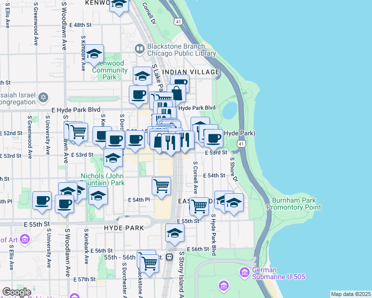 map of restaurants, bars, coffee shops, grocery stores, and more near 1600 East 53rd Street in Chicago