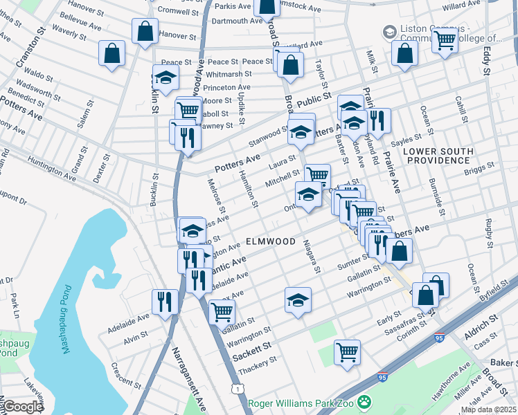 map of restaurants, bars, coffee shops, grocery stores, and more near 114 Hamilton Street in Providence