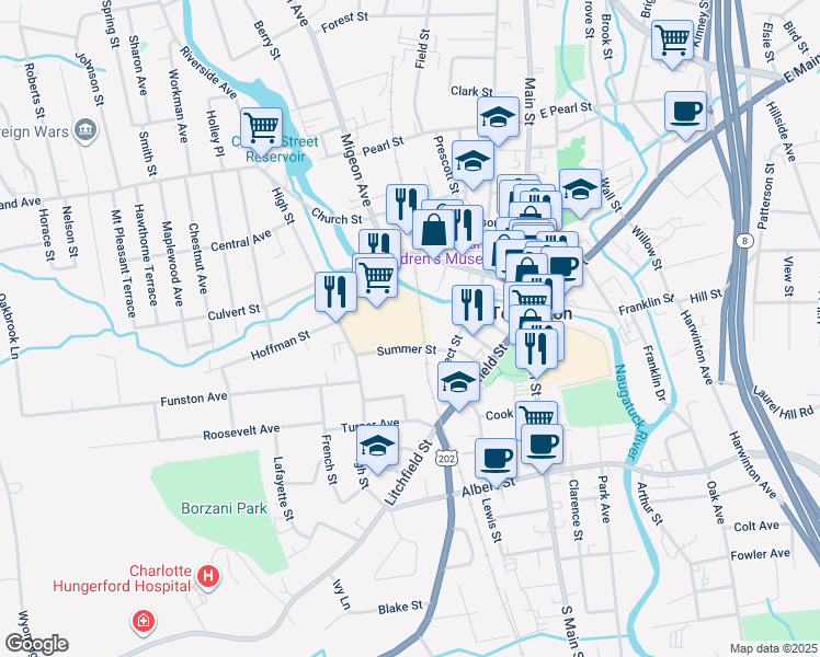 map of restaurants, bars, coffee shops, grocery stores, and more near 251 High Street in Torrington