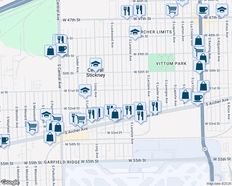 map of restaurants, bars, coffee shops, grocery stores, and more near 5234 West 51st Street in Chicago