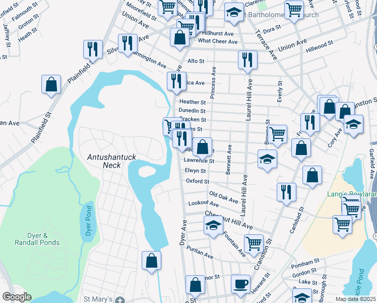 map of restaurants, bars, coffee shops, grocery stores, and more near 130 Argyle Street in Cranston
