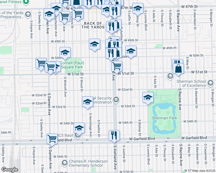 map of restaurants, bars, coffee shops, grocery stores, and more near 5149 South Marshfield Avenue in Chicago