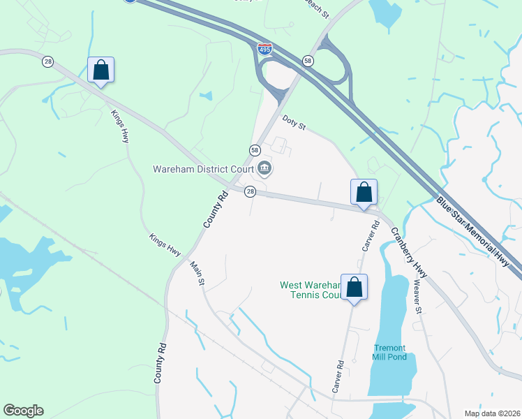 map of restaurants, bars, coffee shops, grocery stores, and more near 2203 Massachusetts 28 in Wareham