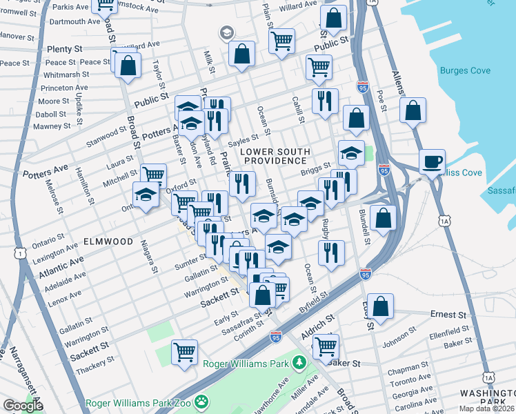 map of restaurants, bars, coffee shops, grocery stores, and more near 17 Mystic Street in Providence