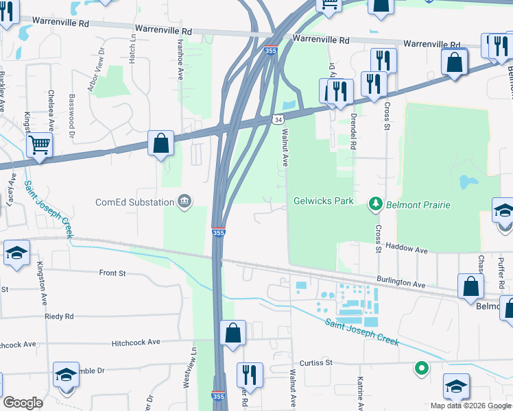 map of restaurants, bars, coffee shops, grocery stores, and more near 430 Walnut Creek Road in Lisle