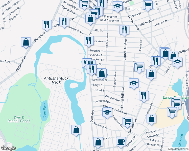 map of restaurants, bars, coffee shops, grocery stores, and more near 130 Argyle Street in Cranston