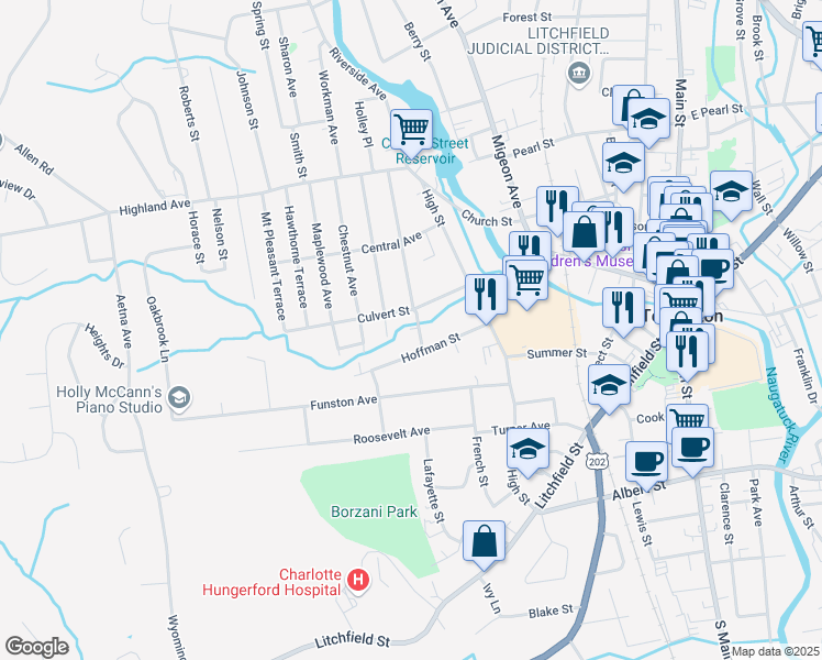 map of restaurants, bars, coffee shops, grocery stores, and more near 116 Culvert Street in Torrington