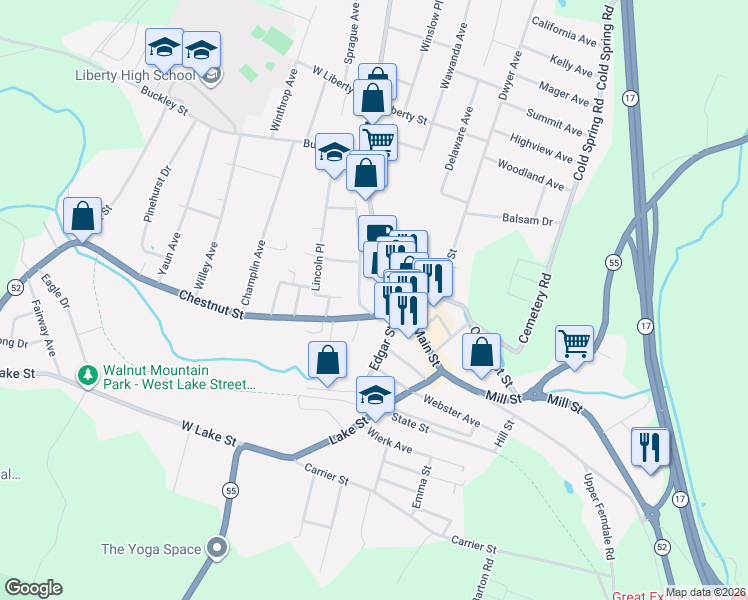 map of restaurants, bars, coffee shops, grocery stores, and more near in Liberty