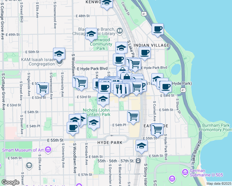 map of restaurants, bars, coffee shops, grocery stores, and more near 5210 South Blackstone Avenue in Chicago