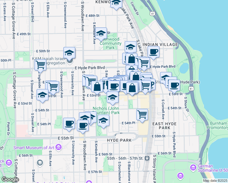 map of restaurants, bars, coffee shops, grocery stores, and more near 5218 South Dorchester Avenue in Chicago