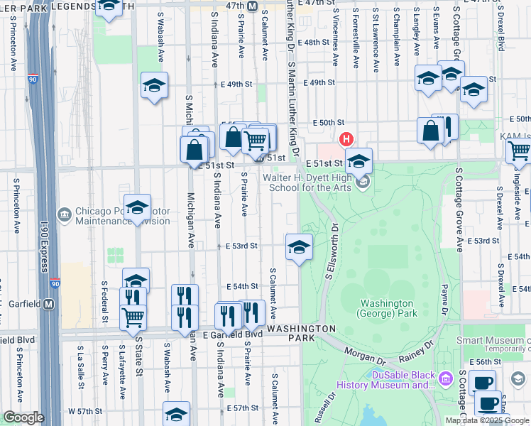 map of restaurants, bars, coffee shops, grocery stores, and more near 5150 South Calumet Avenue in Chicago