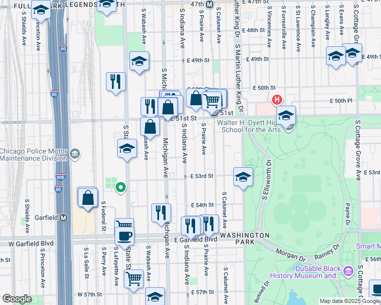 map of restaurants, bars, coffee shops, grocery stores, and more near 5148 South Indiana Avenue in Chicago
