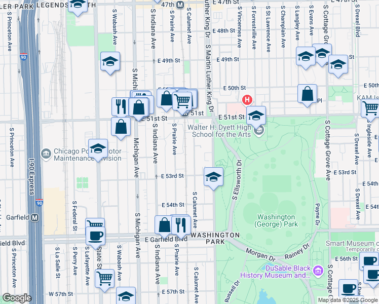 map of restaurants, bars, coffee shops, grocery stores, and more near 5150 South Calumet Avenue in Chicago