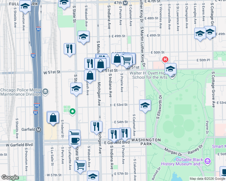 map of restaurants, bars, coffee shops, grocery stores, and more near 5209 South Indiana Avenue in Chicago